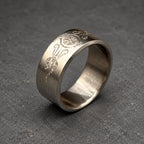 Brushed Titanium Wedding Band — Engraved Scrollwork and Initial