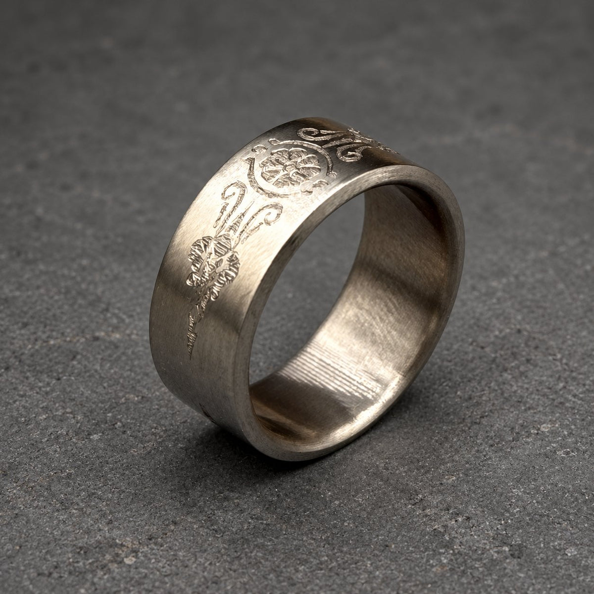 Brushed Titanium Wedding Band — Engraved Scrollwork and Initial