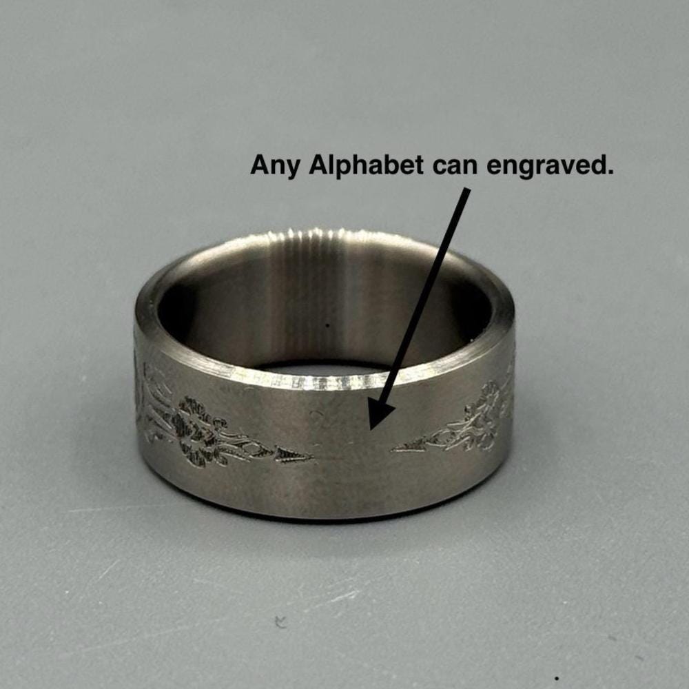 Brushed Titanium Wedding Band — Engraved Scrollwork and Initial, view 2