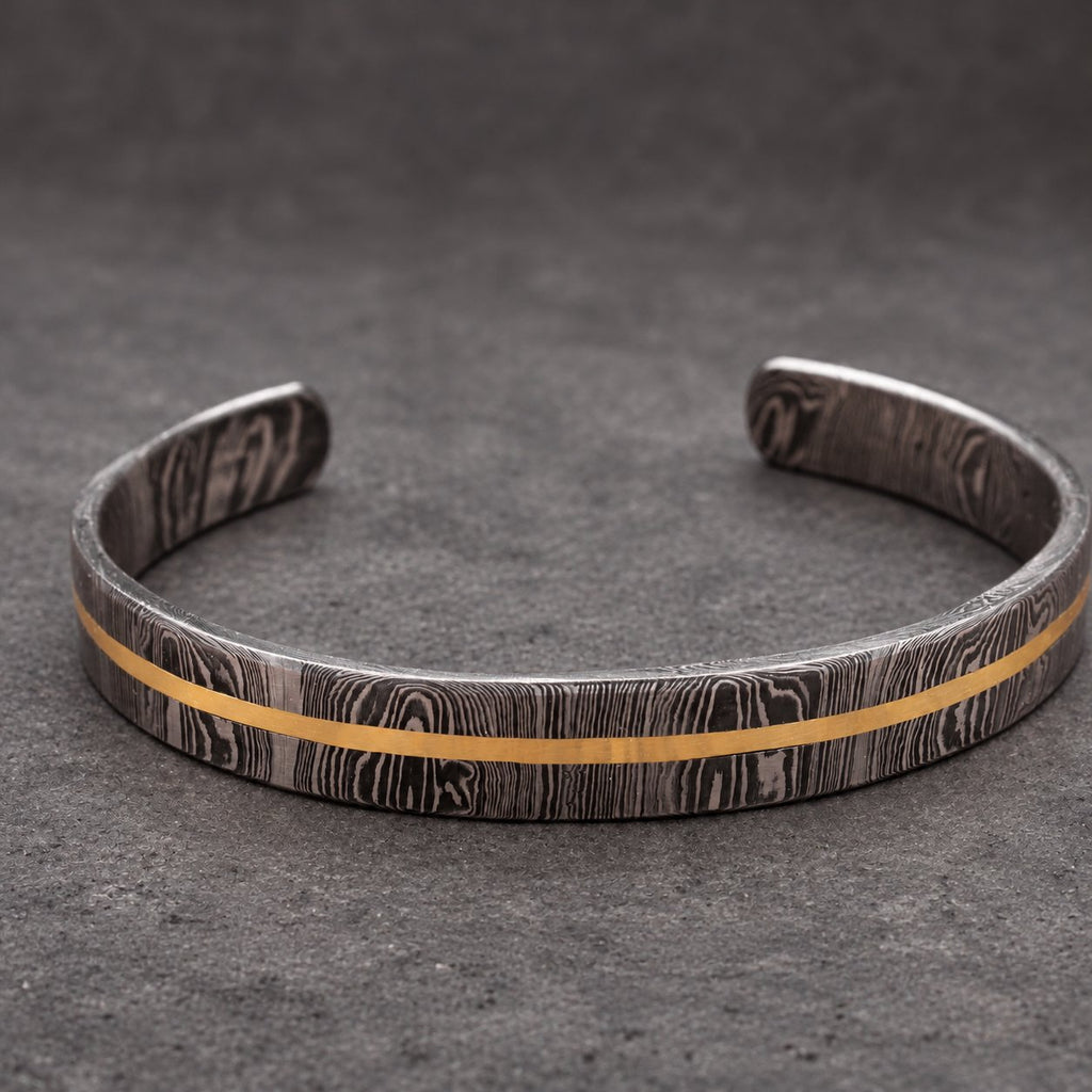 Damascus Steel Cuff Bracelet with Center Copper Line — Viking Cuff, view 7