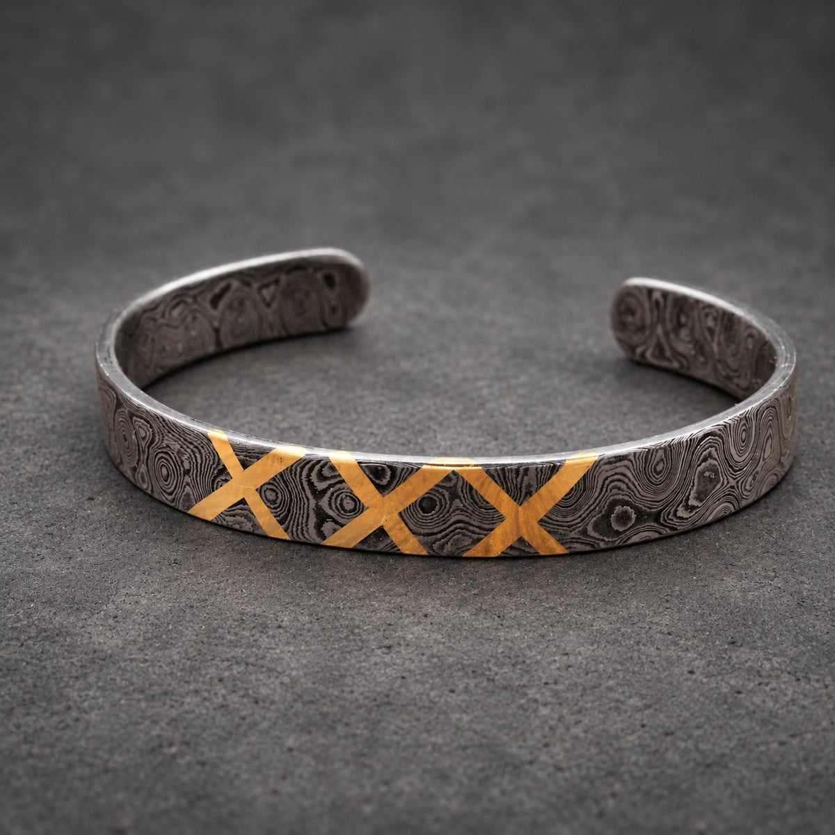 Damascus Steel Cuff Bracelet with Brass X Inlay — Norse Cuff, view 4