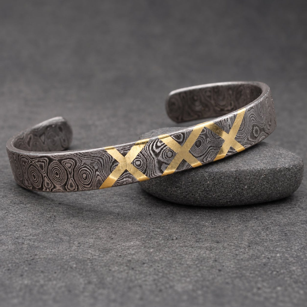 Damascus Steel Cuff Bracelet with Brass X Inlay — Norse Cuff, view 3