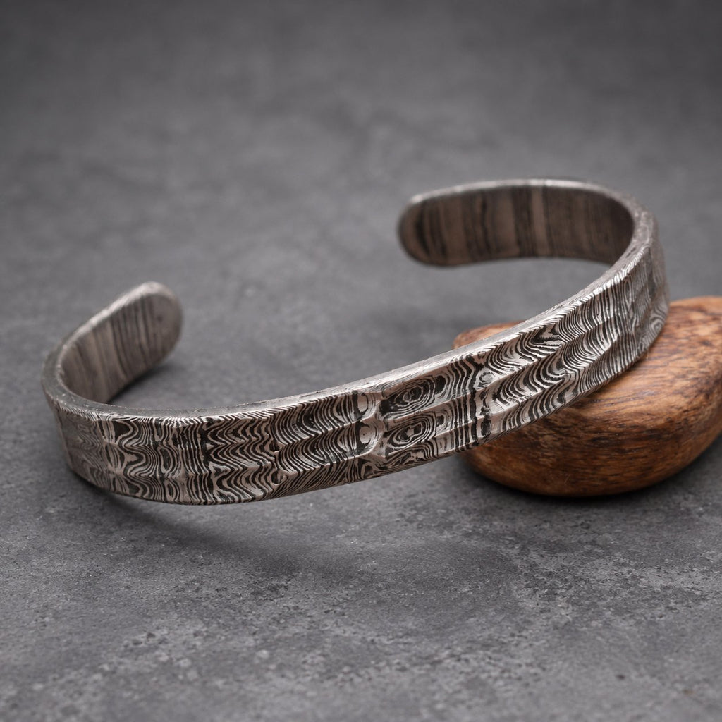 Damascus Steel Cuff Bracelet — Ladder Pattern Viking Bangle, view 3