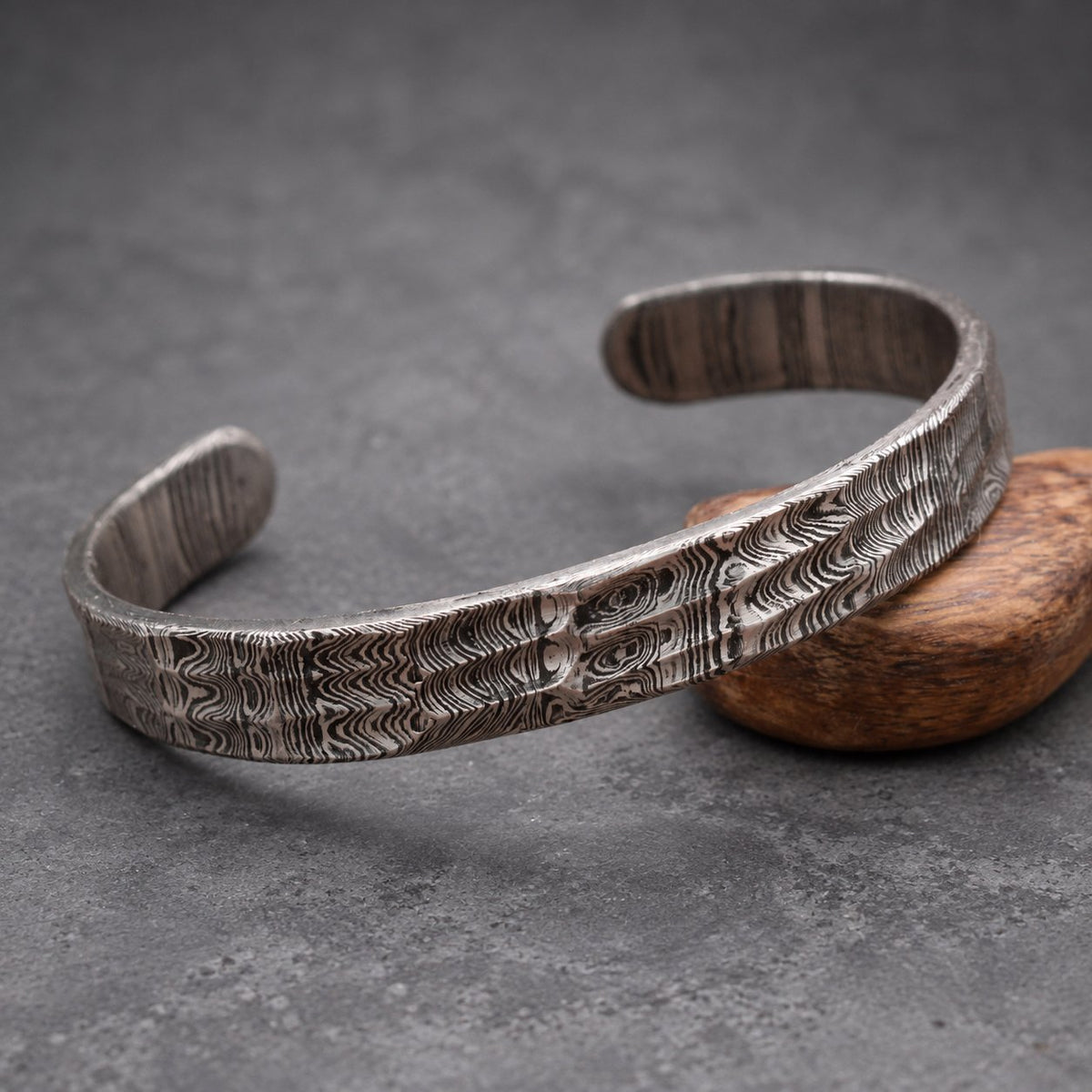 Damascus Steel Cuff Bracelet — Ladder Pattern Viking Bangle, view 3