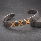 Damascus Steel Cuff Bracelet with Brass X Inlay — Norse Cuff