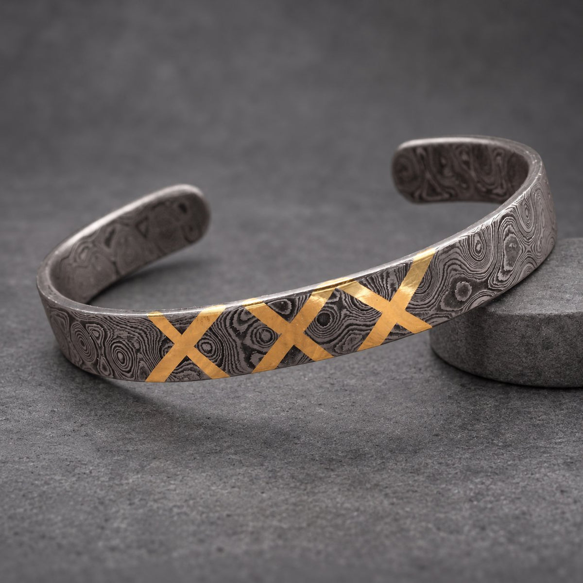 Damascus Steel Cuff Bracelet with Brass X Inlay — Norse Cuff