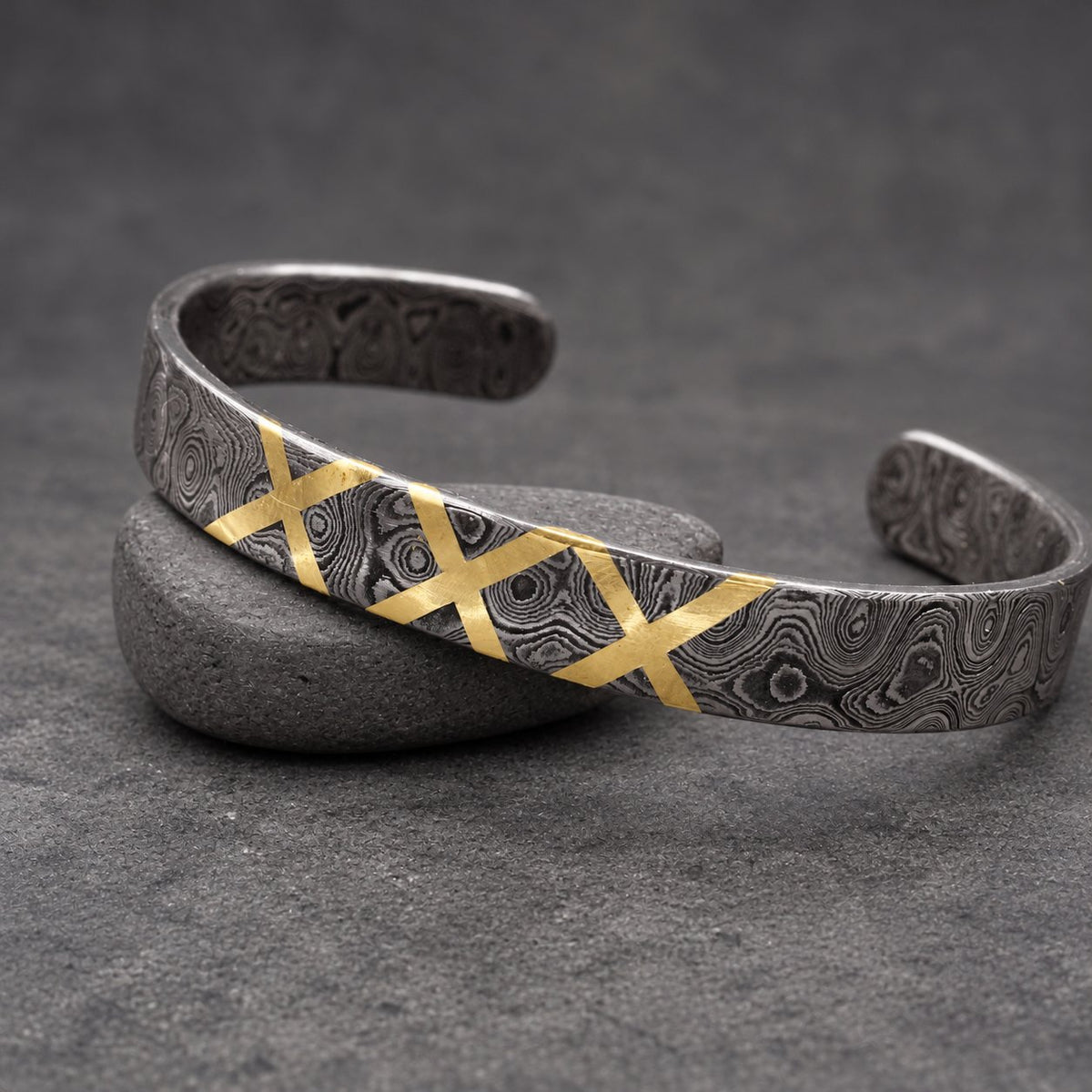 Damascus Steel Cuff Bracelet with Brass X Inlay — Norse Cuff, view 2