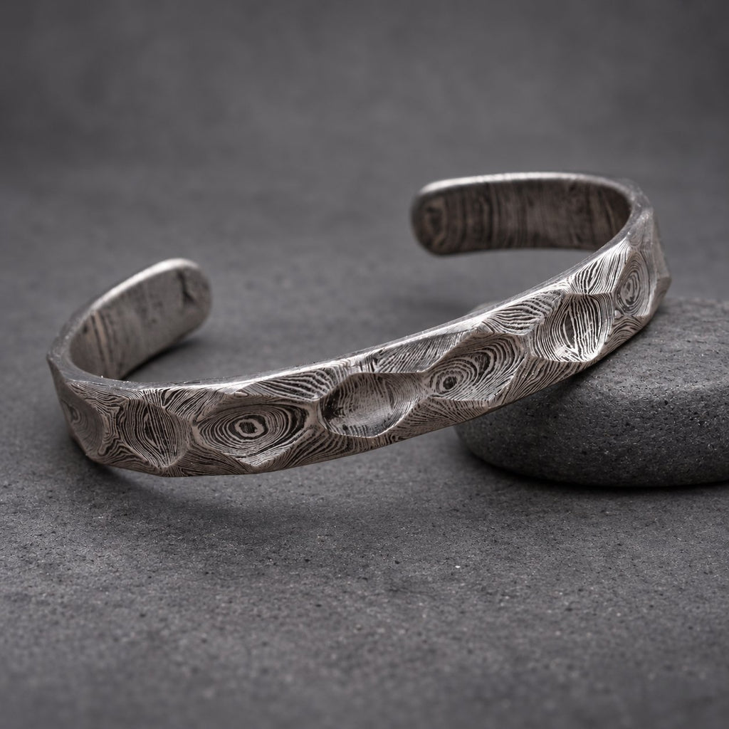 Damascus Steel Bangle, Diamond Cut — Faceted Viking Cuff, view 3