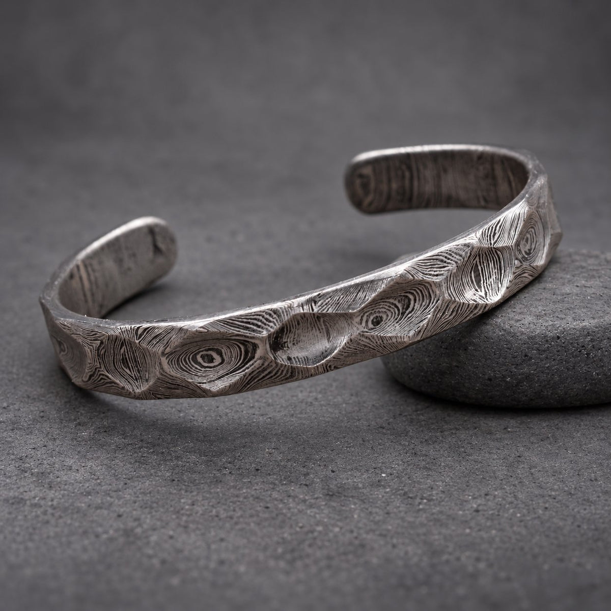 Damascus Steel Bangle, Diamond Cut — Faceted Viking Cuff, view 3