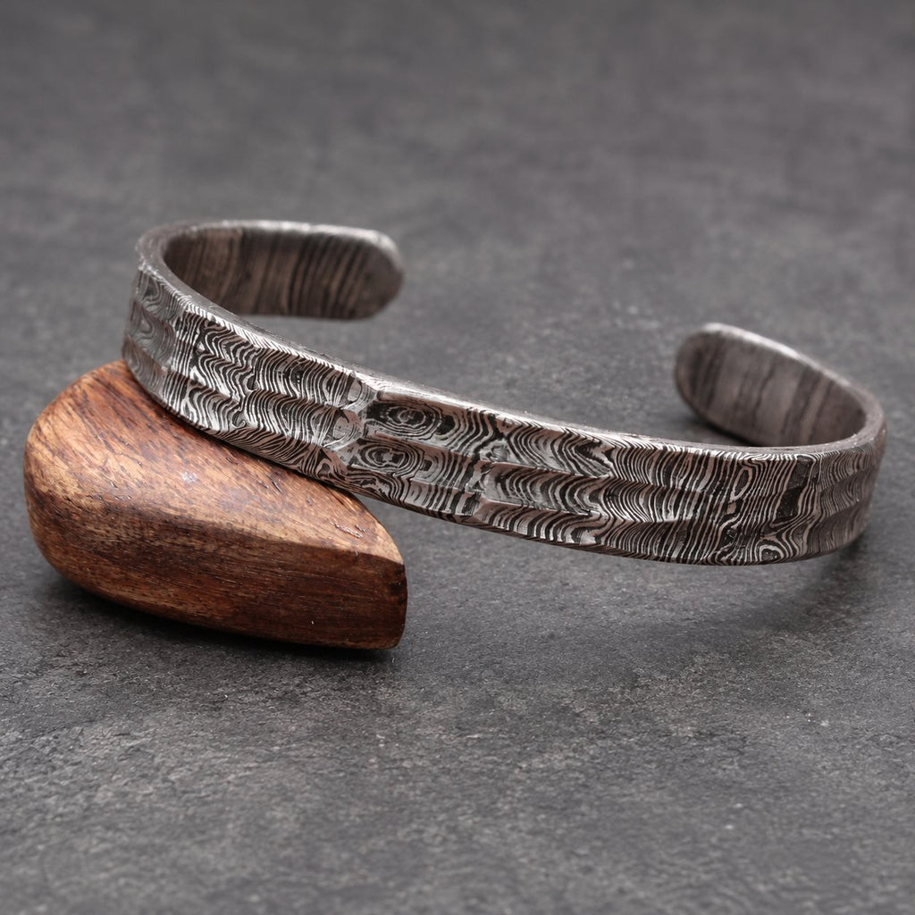 Damascus Steel Cuff Bracelet — Ladder Pattern Viking Bangle, view 2