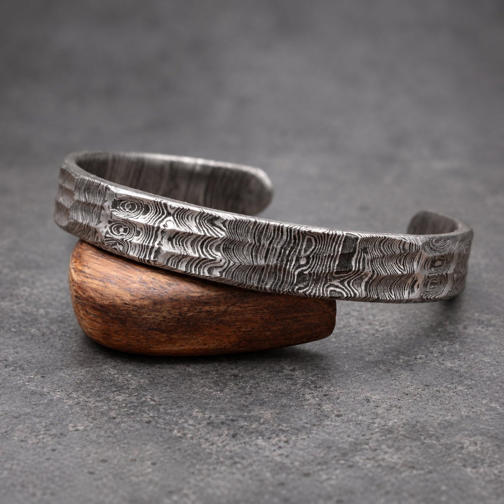 Damascus Steel Cuff Bracelet — Ladder Pattern Viking Bangle