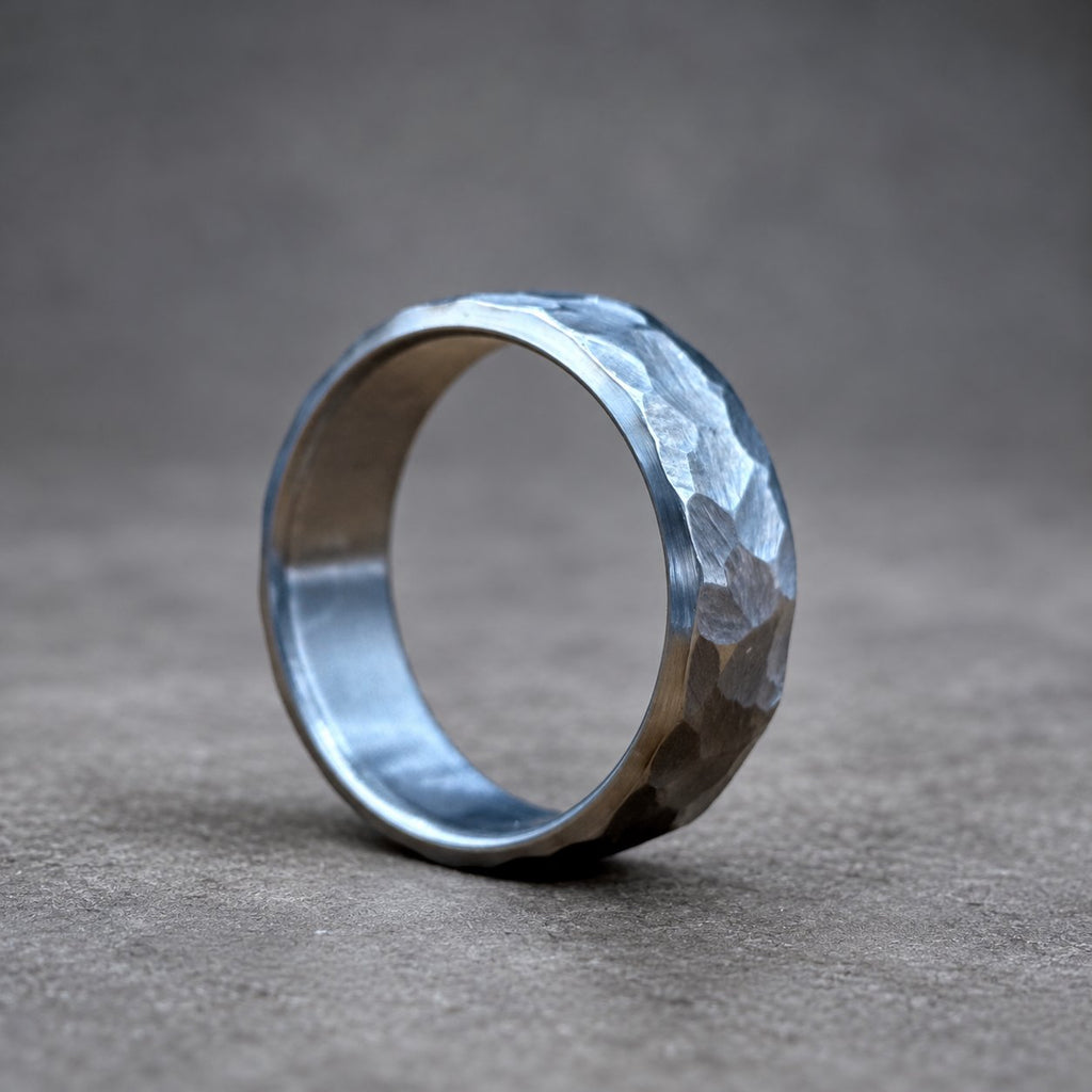 Hammered Titanium Wedding Band — Large Facets, Beveled Edges, view 6