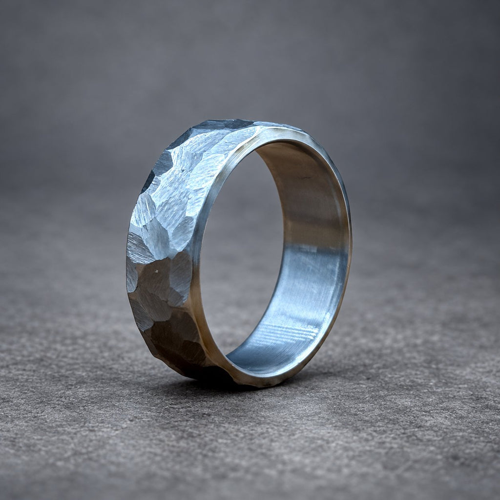 Hammered Titanium Wedding Band — Large Facets, Beveled Edges