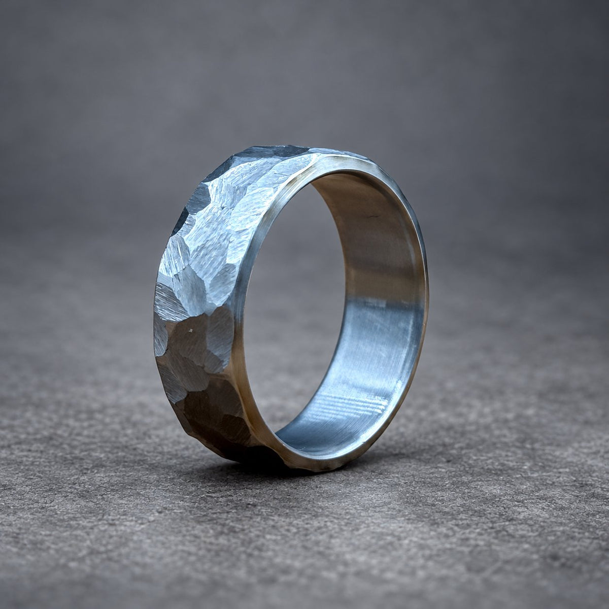 Hammered Titanium Wedding Band — Large Facets, Beveled Edges