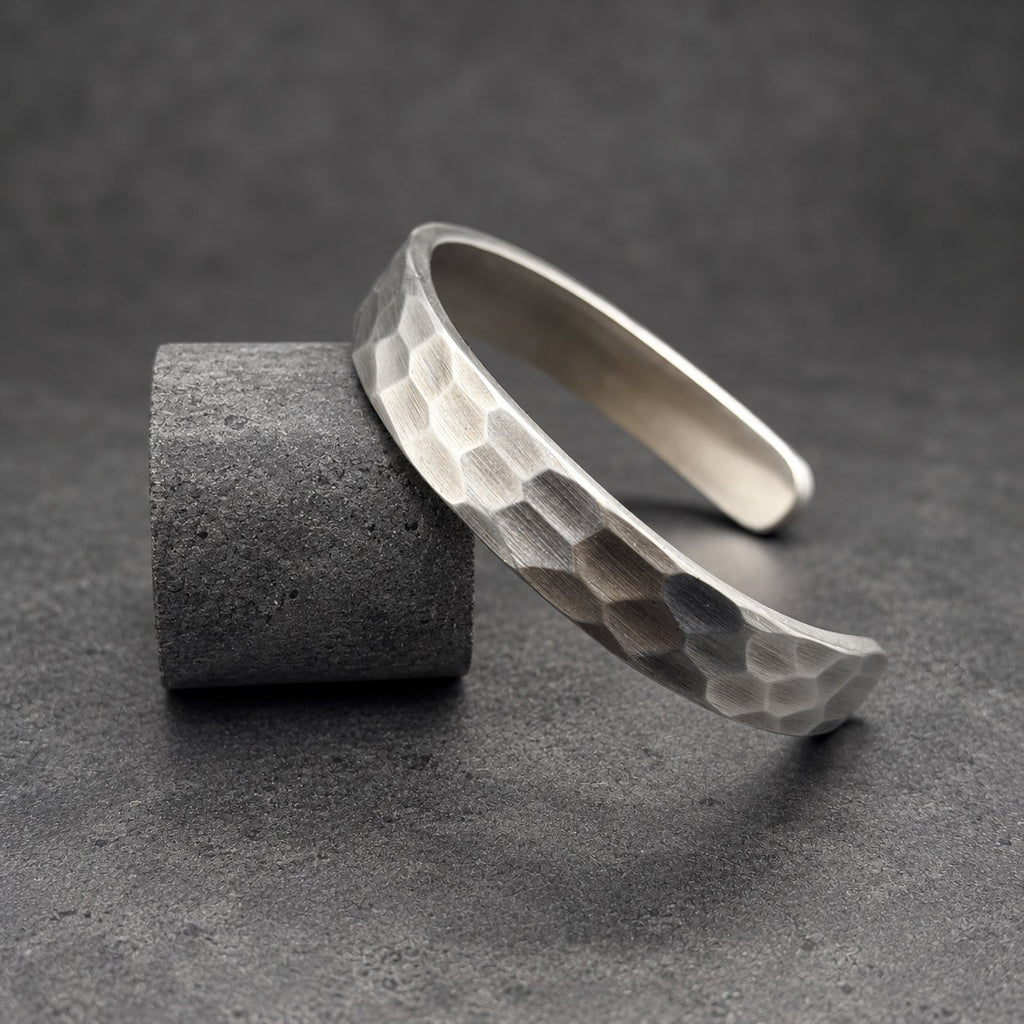 Hammered Steel Cuff Bracelet — Bright Faceted Viking Bangle, view 3
