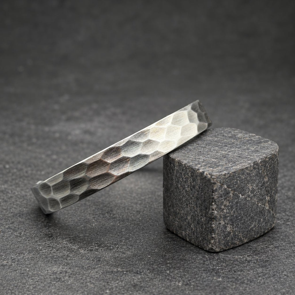 Hammered Steel Cuff Bracelet — Bright Faceted Viking Bangle