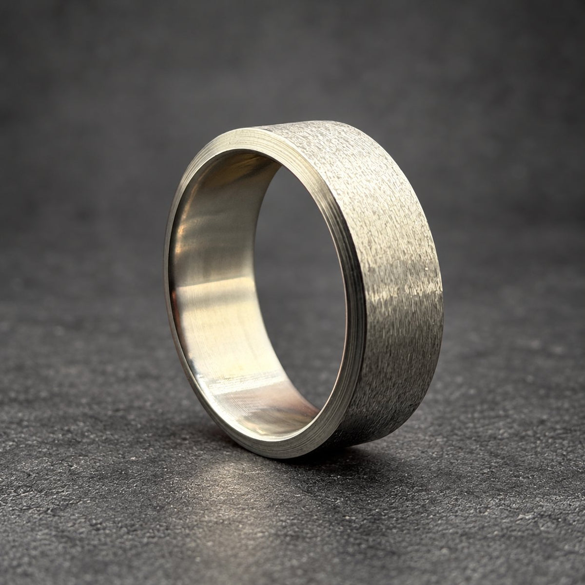 Brushed Titanium Wedding Band, Wide Flat — Beveled Edges