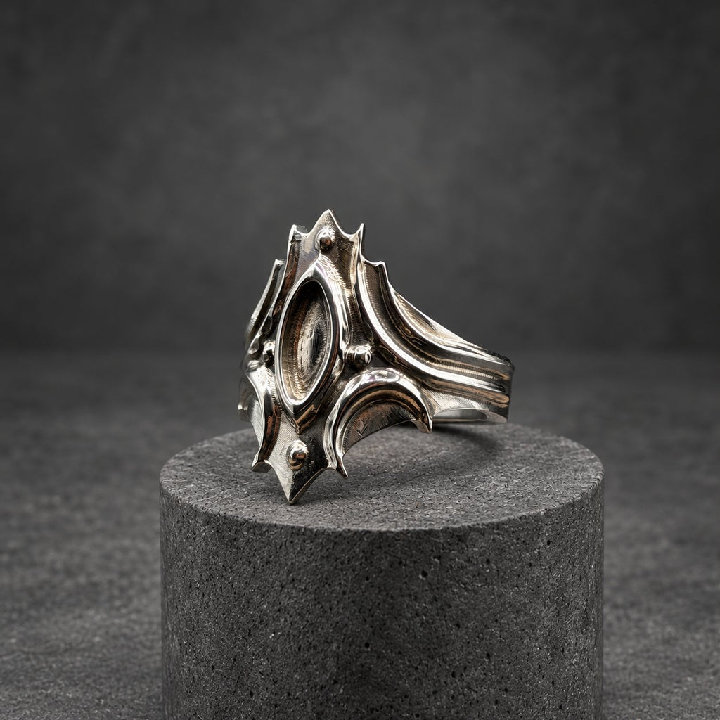 Polished Titanium Statement Ring — Gothic Shield Crown, view 2