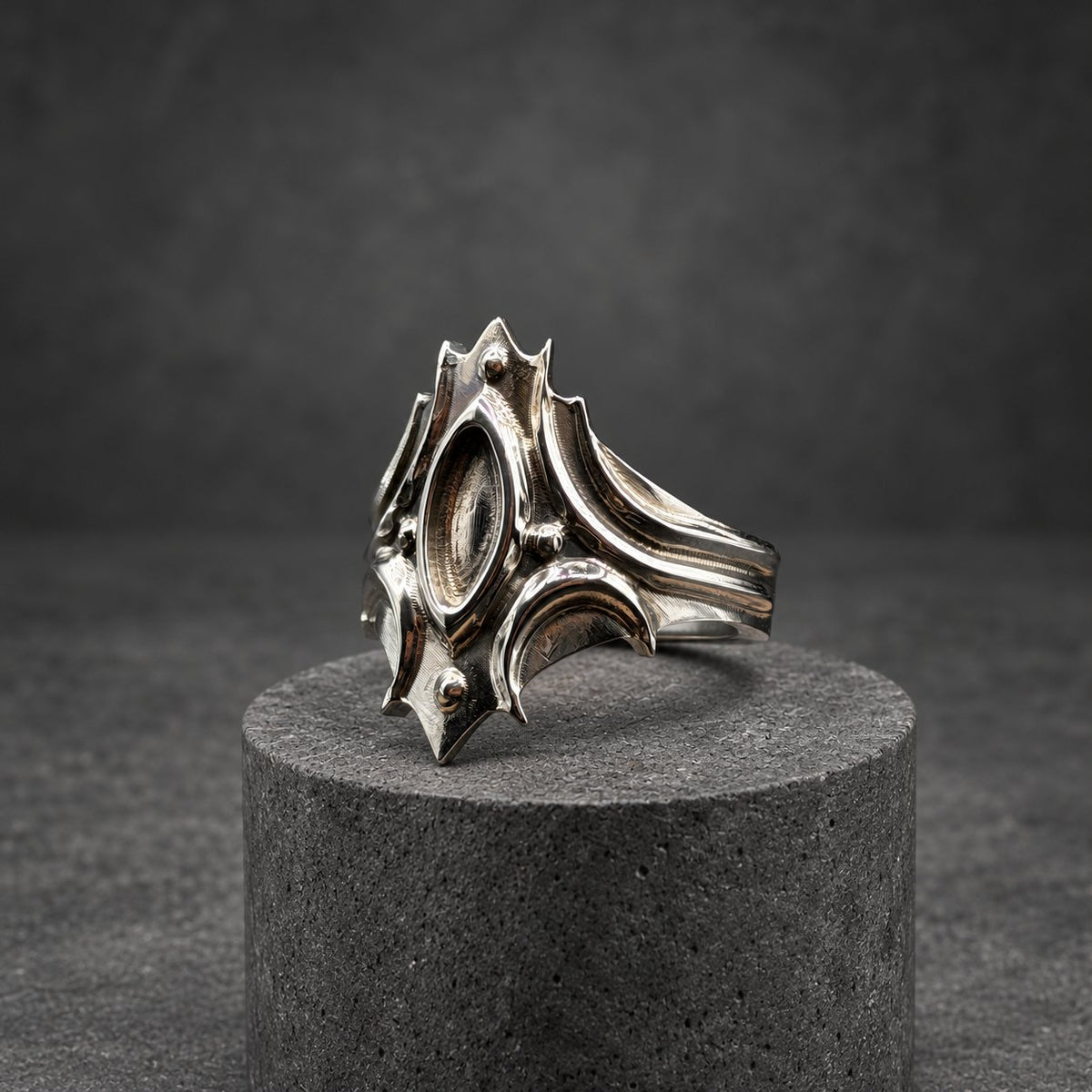 Polished Titanium Statement Ring — Gothic Shield Crown, view 2