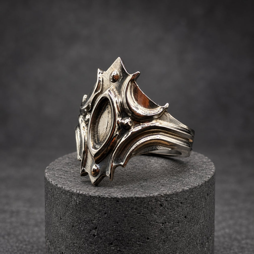 Polished Titanium Statement Ring — Gothic Shield Crown, view 6