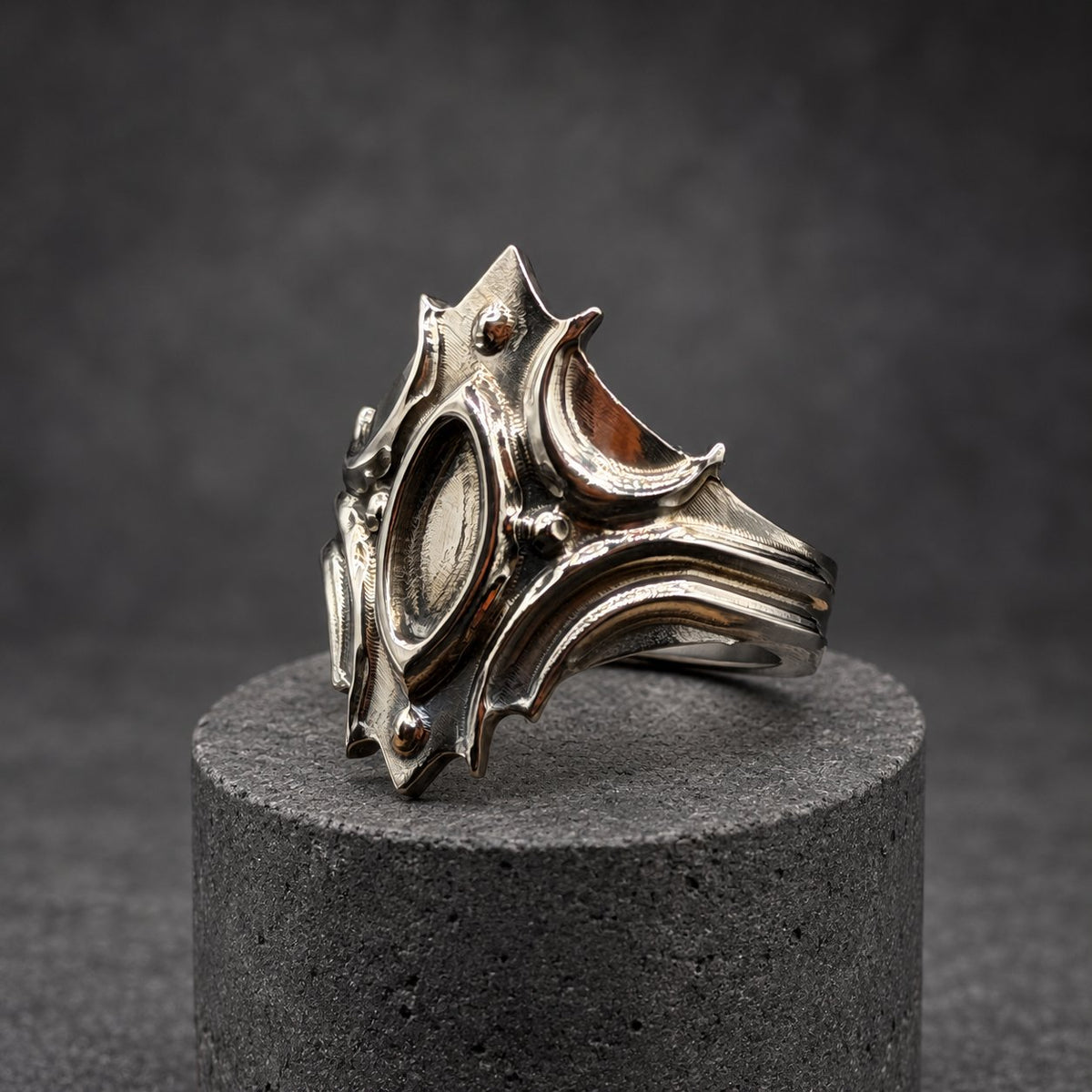 Polished Titanium Statement Ring — Gothic Shield Crown, view 6