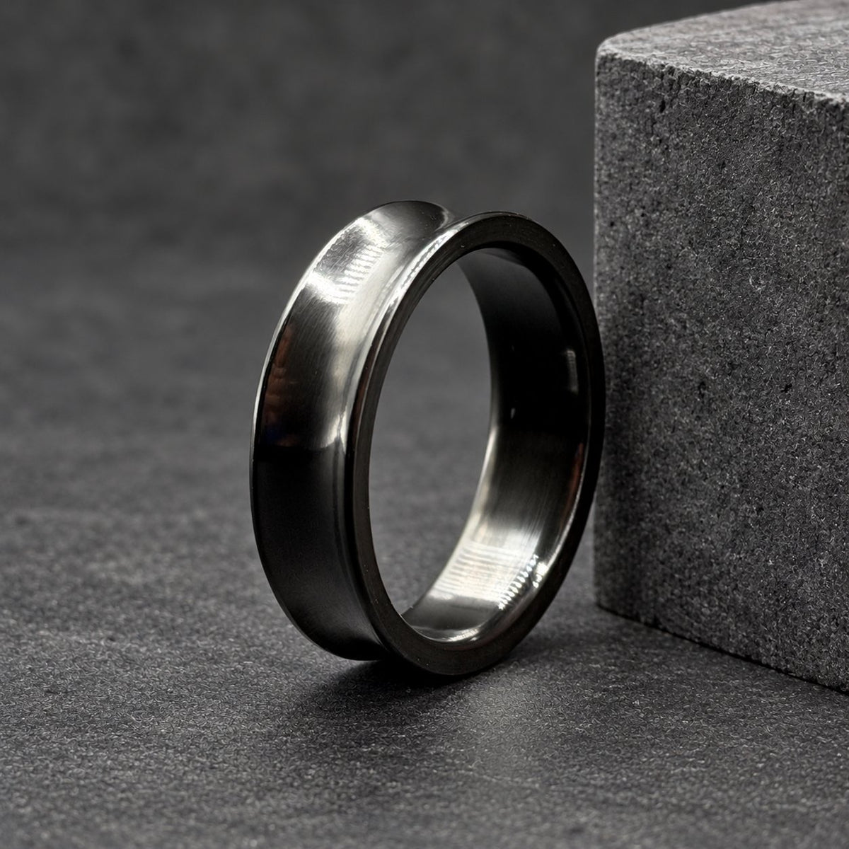 Black Zirconium Wedding Band, Concave — Polished Raised Rims, view 2