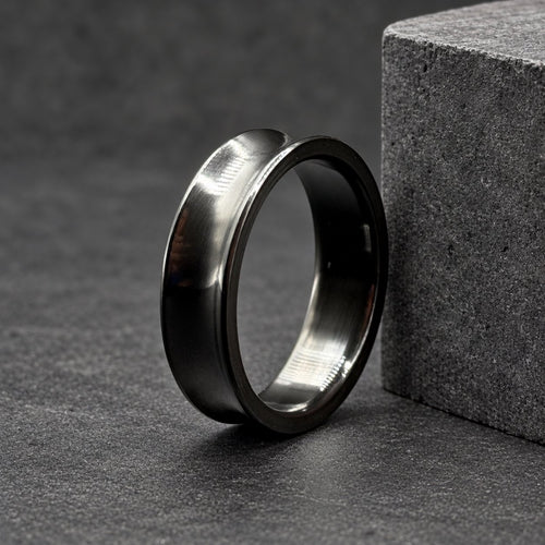 Black Zirconium Wedding Band, Concave — Polished Raised Rims, view 2