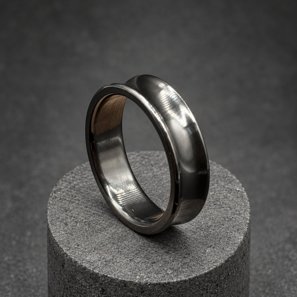 Black Zirconium Wedding Band, Concave — Polished Raised Rims, view 4