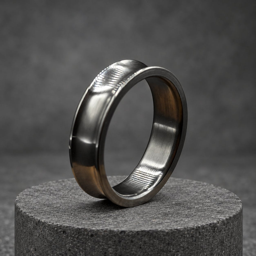 Black Zirconium Wedding Band, Concave — Polished Raised Rims, view 3