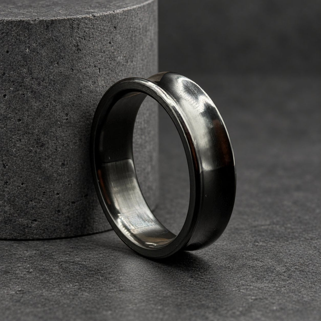 Black Zirconium Wedding Band, Concave — Polished Raised Rims, view 5
