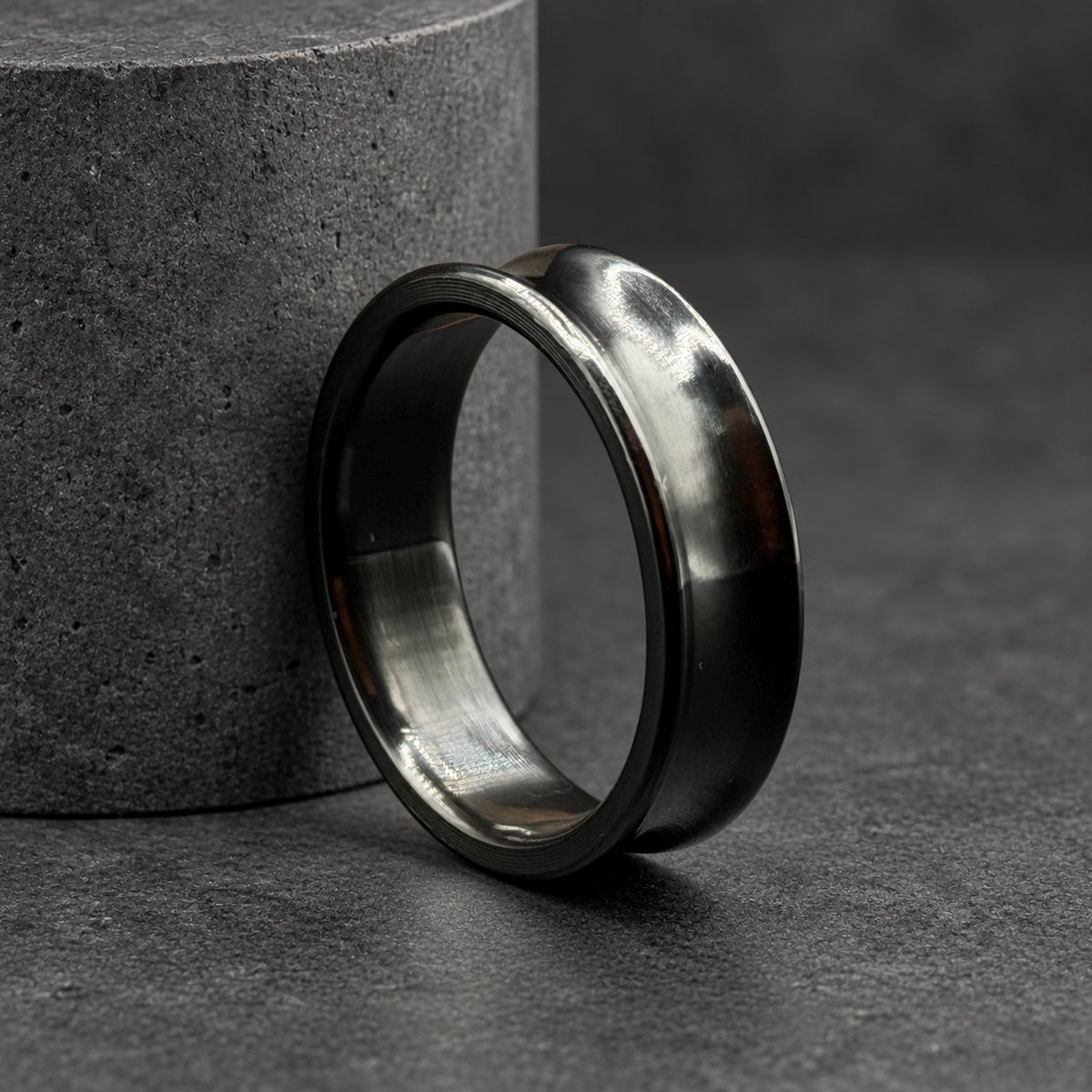 Black Zirconium Wedding Band, Concave — Polished Raised Rims, view 5