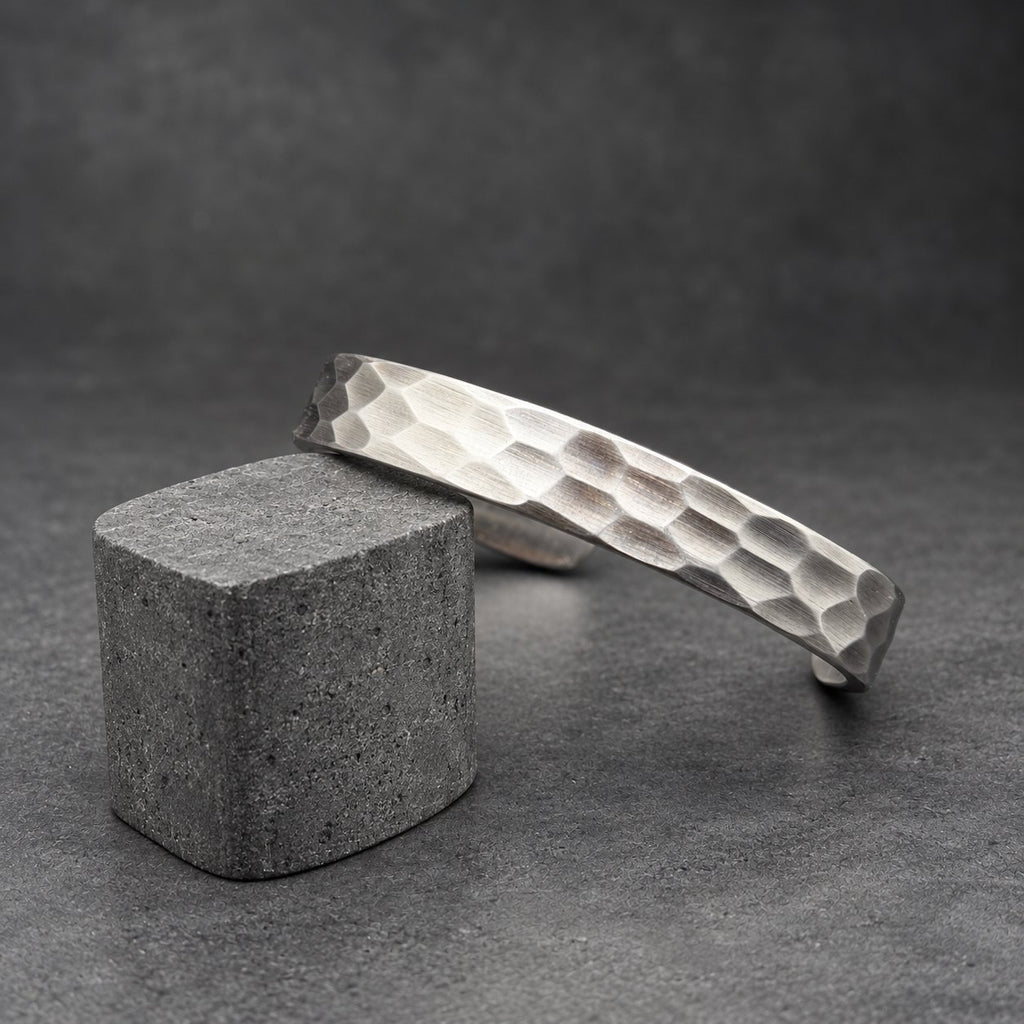 Hammered Steel Cuff Bracelet — Bright Faceted Viking Bangle, view 4