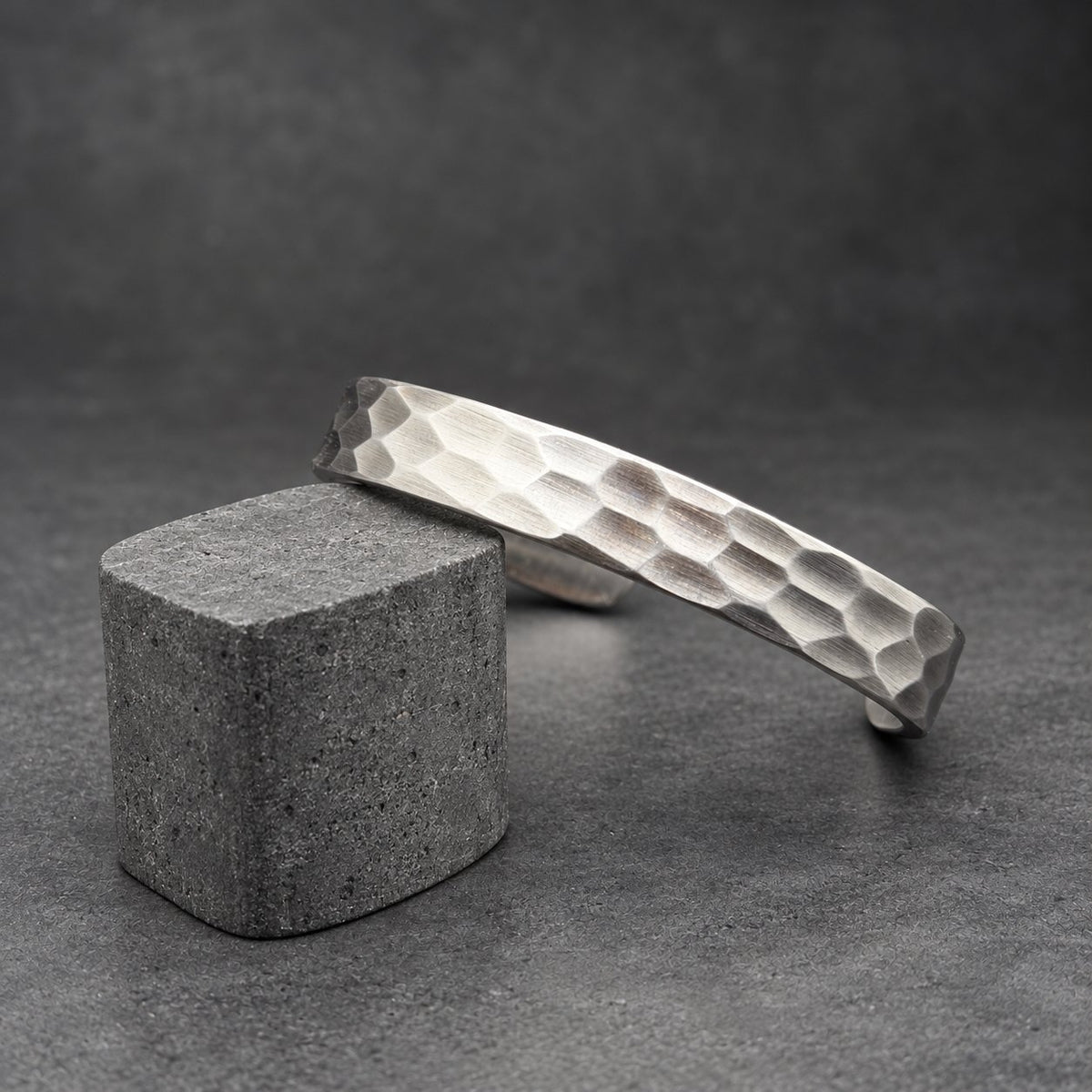 Hammered Steel Cuff Bracelet — Bright Faceted Viking Bangle, view 4