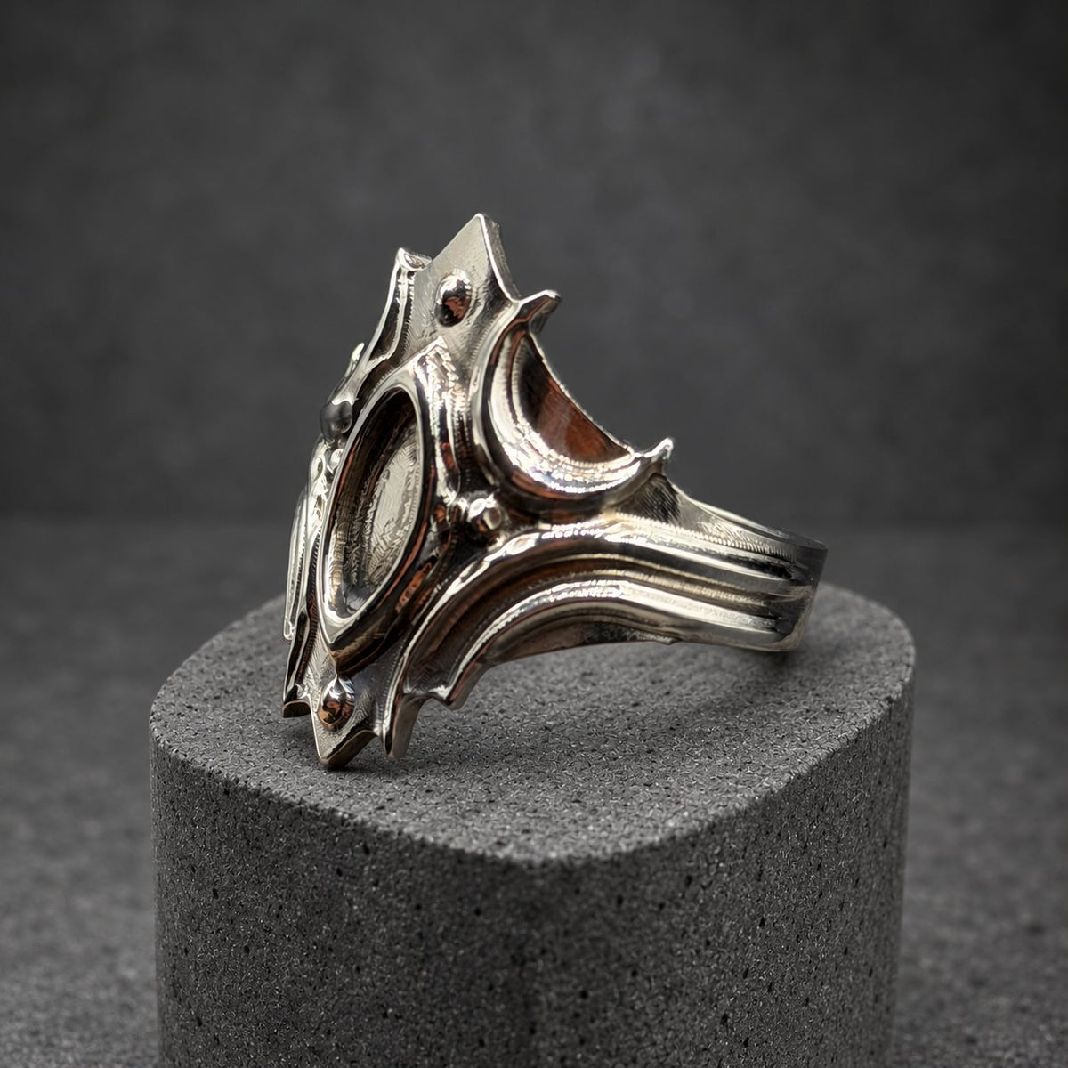 Polished Titanium Statement Ring — Gothic Shield Crown, view 3