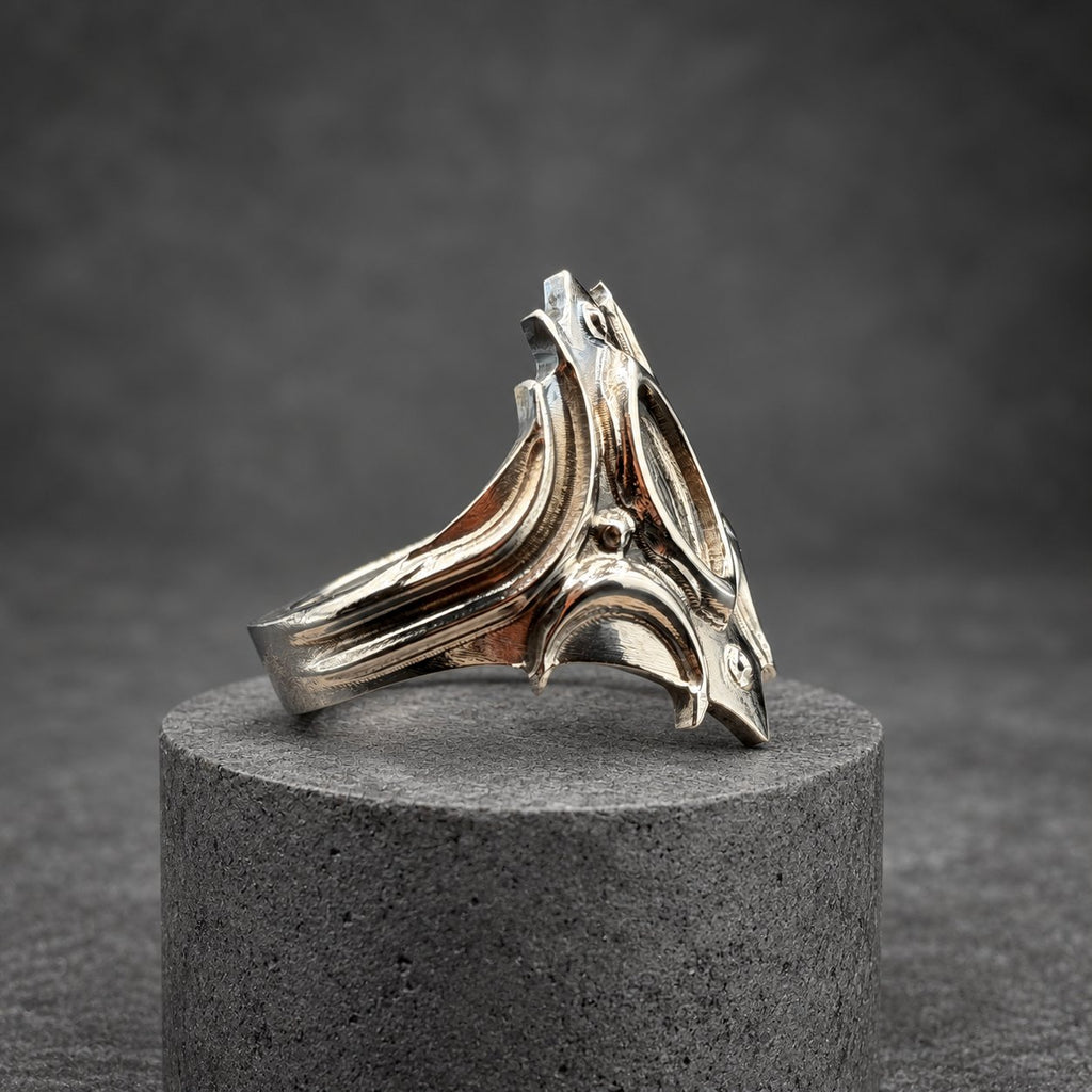 Polished Titanium Statement Ring — Gothic Shield Crown, view 5