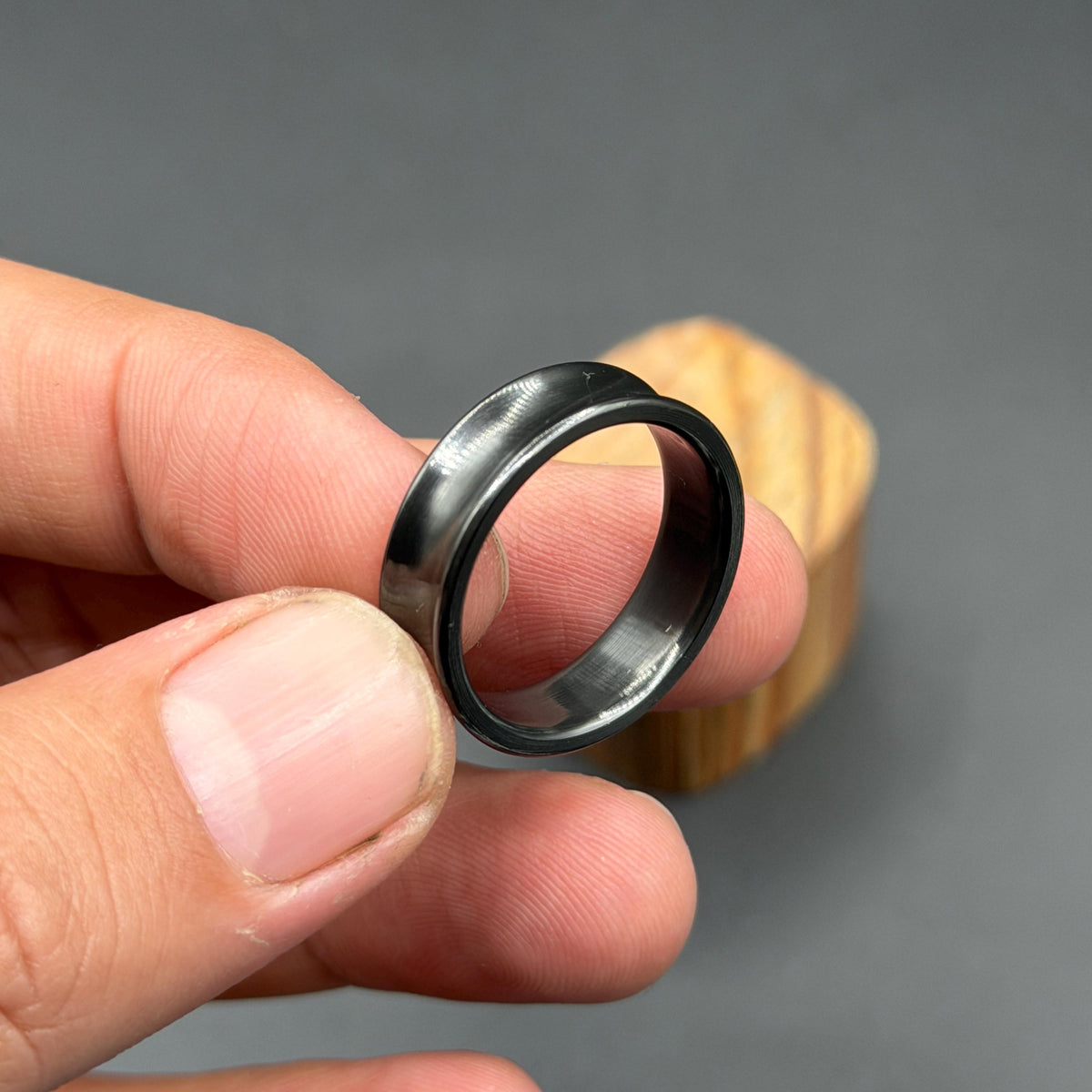 Black Zirconium Wedding Band, Concave — Polished Raised Rims, view 6