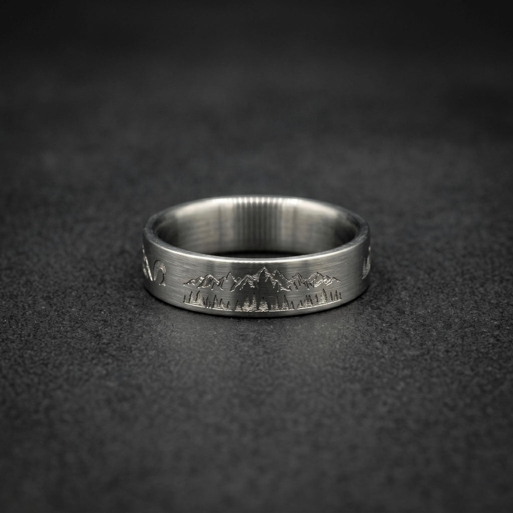 Brushed Titanium Wedding Band — Engraved Mountain Skyline