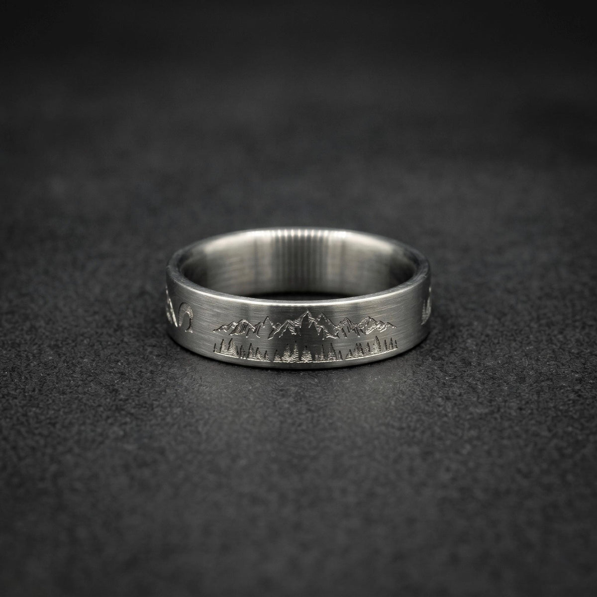 Brushed Titanium Wedding Band — Engraved Mountain Skyline