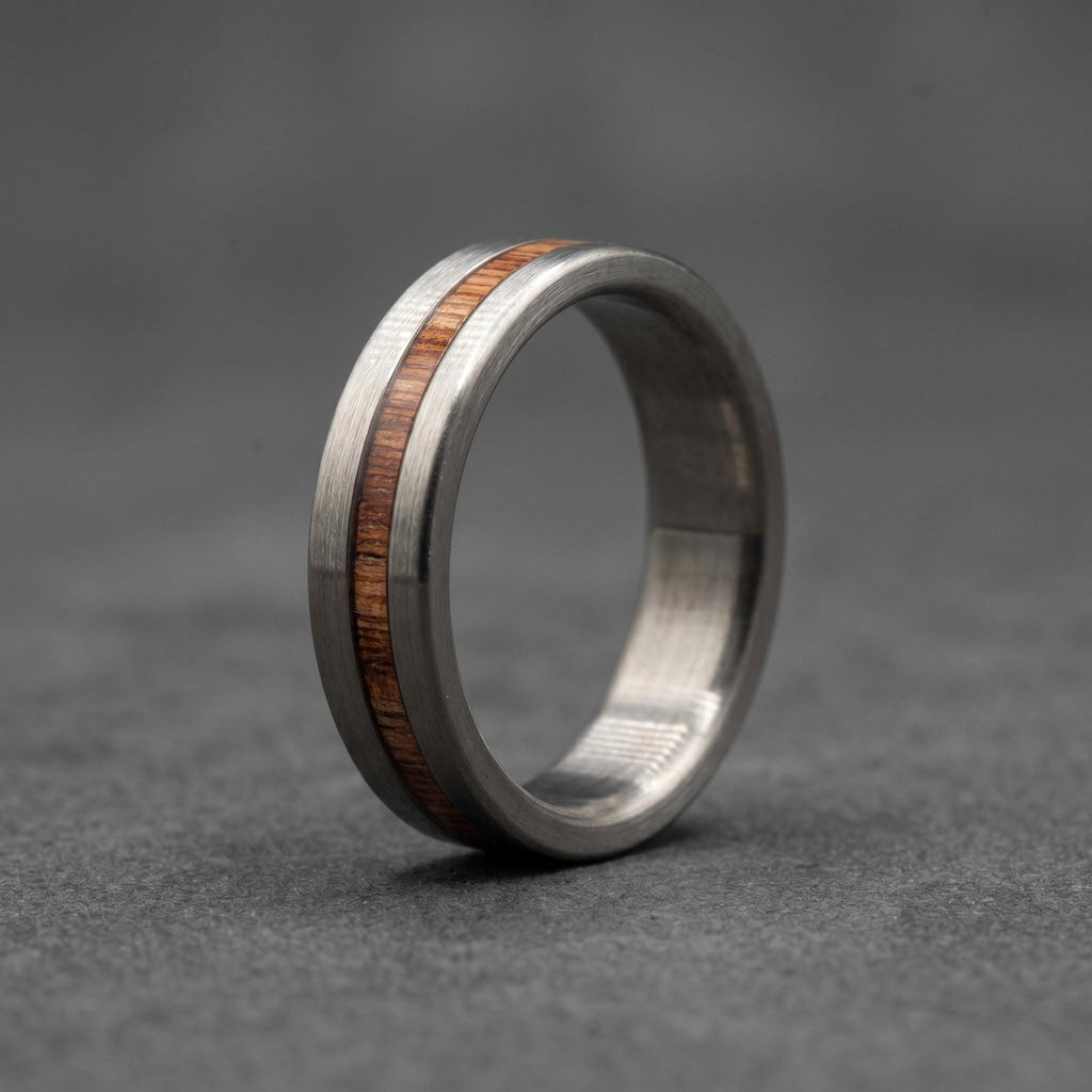 Brushed Titanium Wedding Band — Offset Whiskey Barrel Wood Strip