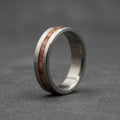 Brushed Titanium Wedding Band — Offset Whiskey Barrel Wood Strip