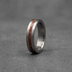 Brushed Titanium Wedding Band — Offset Whiskey Barrel Wood Strip, view 6