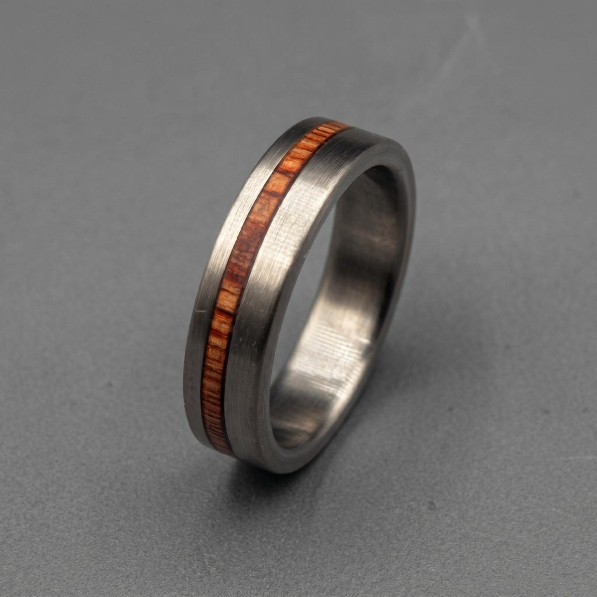 Brushed Titanium Wedding Band — Offset Whiskey Barrel Wood Strip, view 2