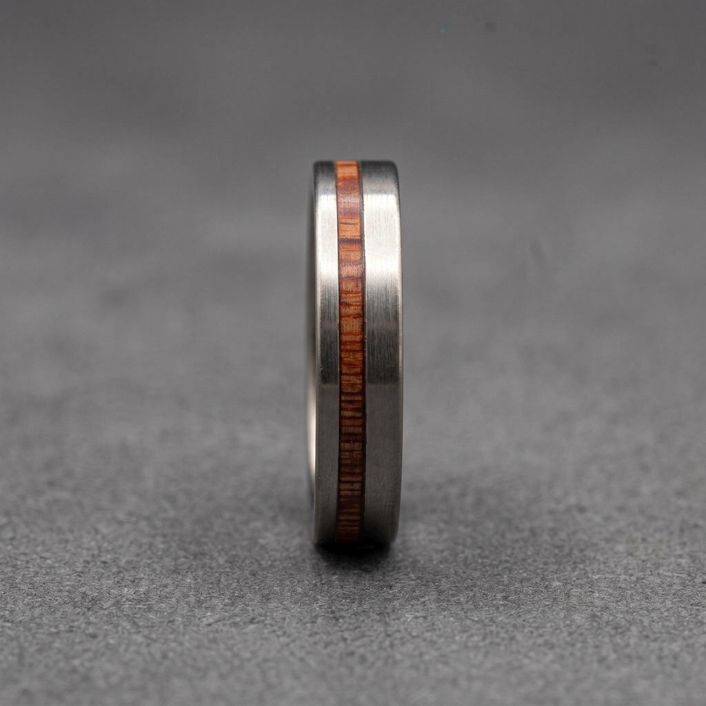 Brushed Titanium Wedding Band — Offset Whiskey Barrel Wood Strip, view 3