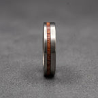 Brushed Titanium Wedding Band — Offset Whiskey Barrel Wood Strip, view 3