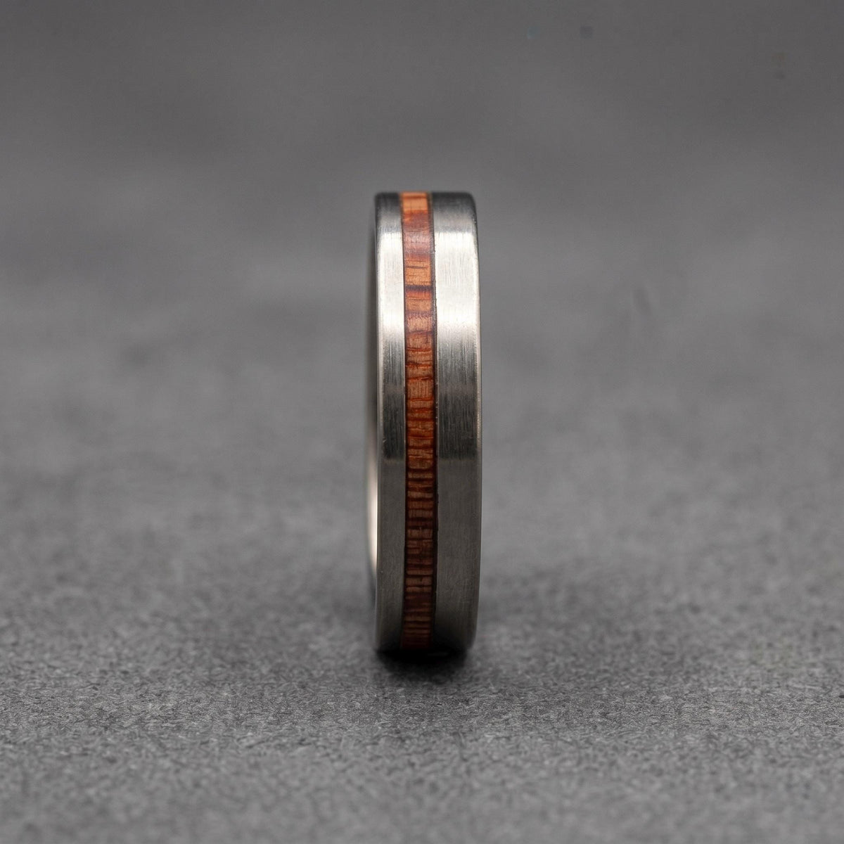 Brushed Titanium Wedding Band — Offset Whiskey Barrel Wood Strip, view 3