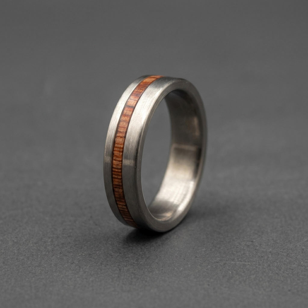Brushed Titanium Wedding Band — Offset Whiskey Barrel Wood Strip, view 4