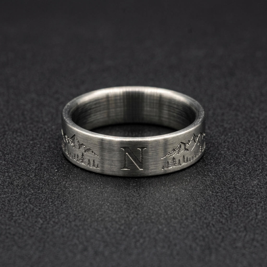Brushed Titanium Wedding Band — Engraved Mountain Skyline, view 3