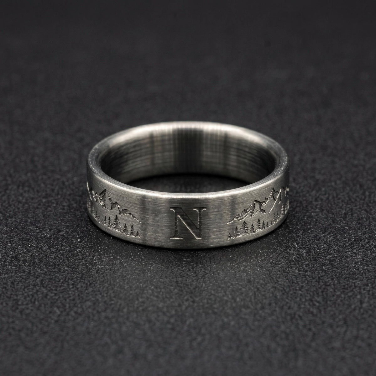 Brushed Titanium Wedding Band — Engraved Mountain Skyline, view 3