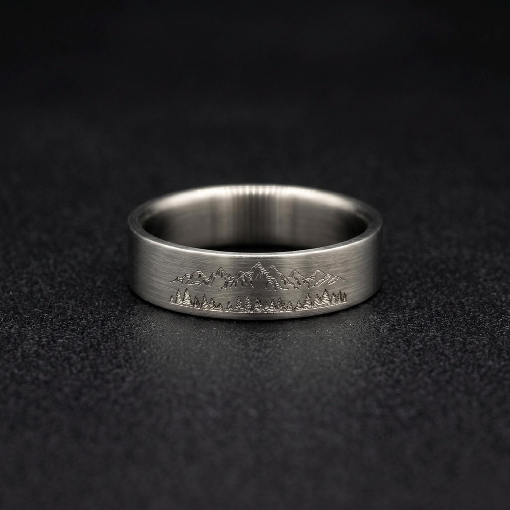 Brushed Titanium Wedding Band — Engraved Mountain Skyline, view 2