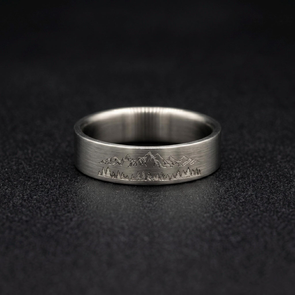 Brushed Titanium Wedding Band — Engraved Mountain Skyline, view 2